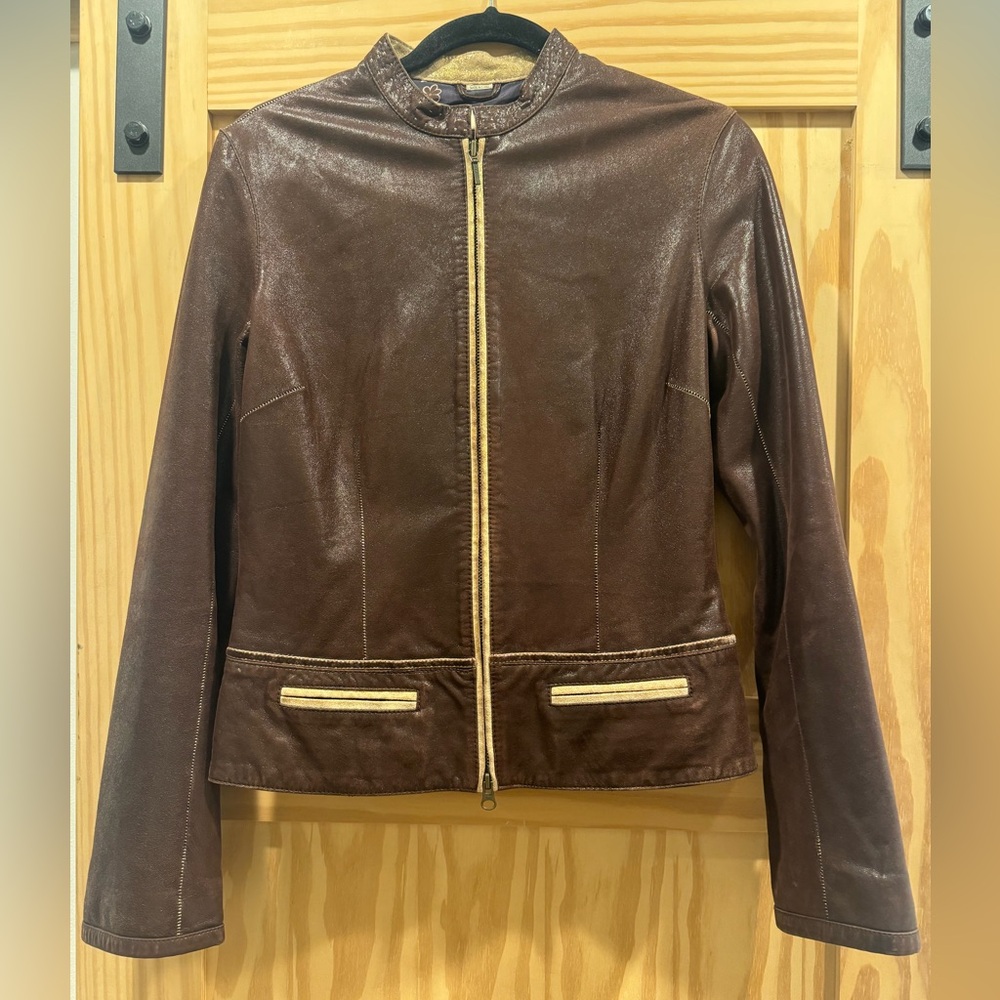 June Brown Leather Jacket with Gold Stitching szM
